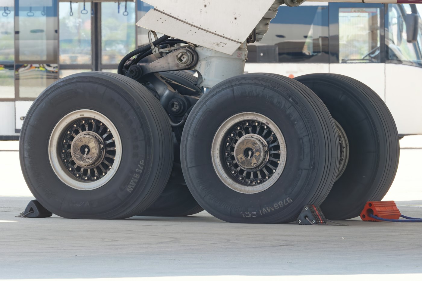 Close view of aircraft landing gear